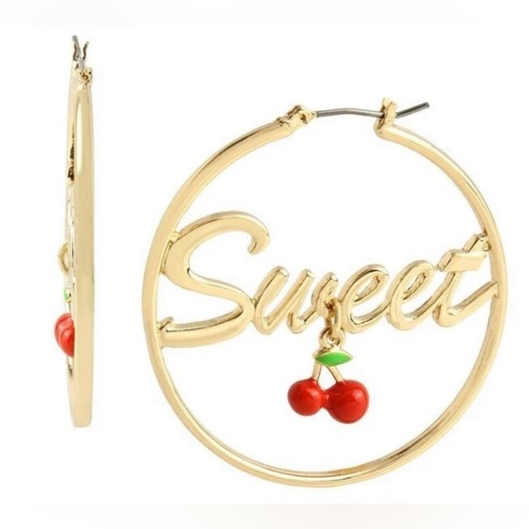 NEW Betsey Johnson Gold Red Sweet Cherry Hoop Earrings - Picture 2 of 8